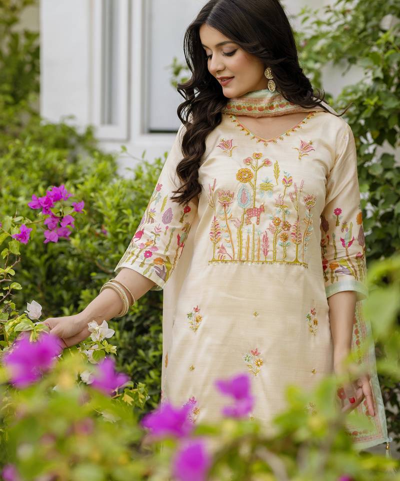 Women's cream viscose silk sequin & stone embroidered kurta pant set with printed silk dupatta