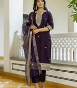 Women's wine viscose chanderi silk kurta pant set with organza dupatta