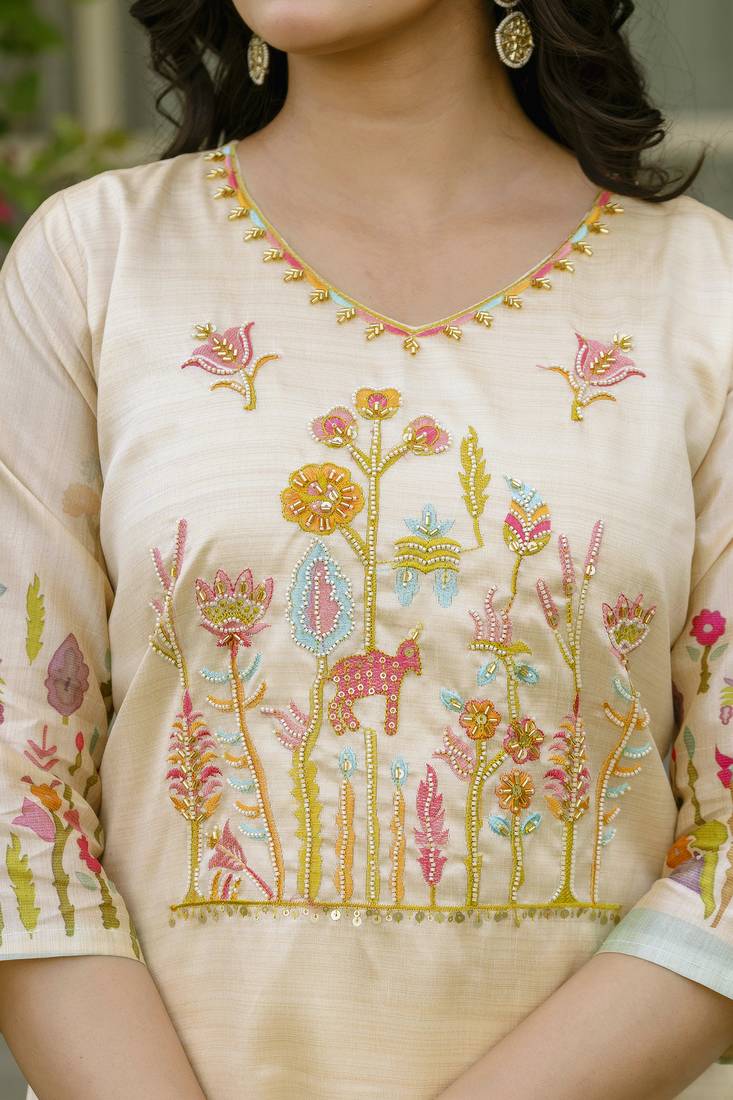 Women's cream viscose silk sequin & stone embroidered kurta pant set with printed silk dupatta