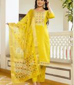 Women's yellow viscose shimar silk kurta pant set with organza dupatt