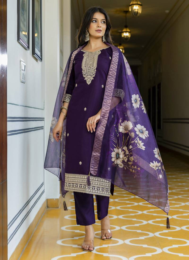 Women's wine viscose chanderi silk kurta pant set with organza dupatta