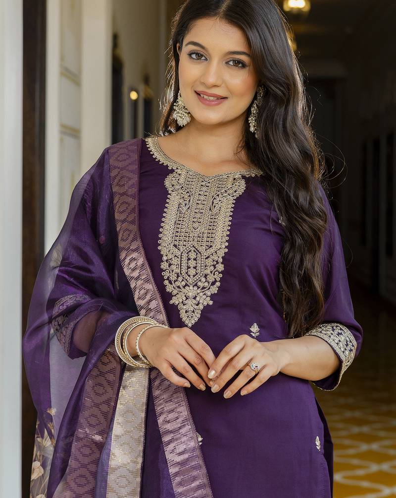 Women's wine viscose chanderi silk kurta pant set with organza dupatta
