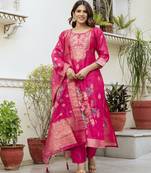 Women's pink chanderi cotton silk embroidered kurta pant set with jacquard dupatta