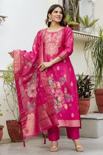 Women's pink chanderi cotton silk embroidered kurta pant set with jacquard dupatta