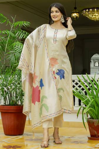 Women's cream viscose silk sequin & stone embroidered kurta pant set with printed silk dupatta