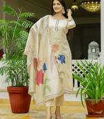 Women's cream viscose silk sequin & stone embroidered kurta pant set with printed silk dupatta