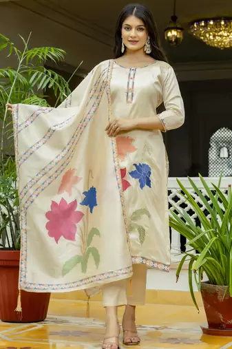Women's cream viscose silk sequin & stone embroidered kurta pant set with printed silk dupatta