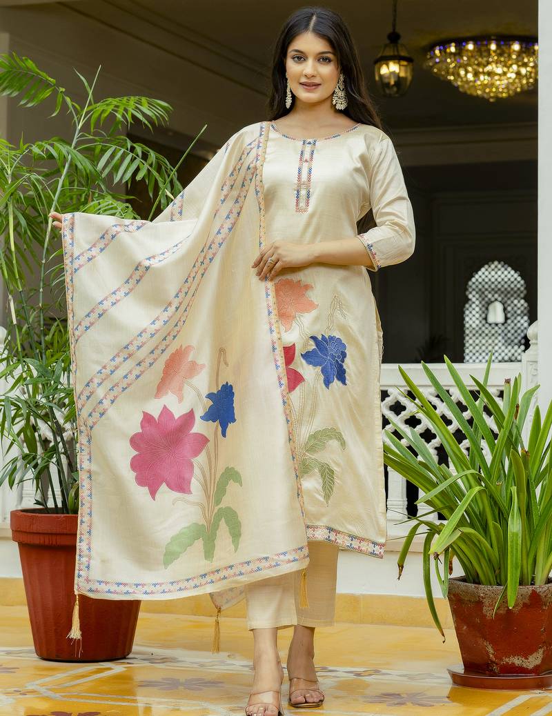 Women's cream viscose silk sequin & stone embroidered kurta pant set with printed silk dupatta