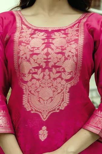 Women's pink chanderi cotton silk embroidered kurta pant set with jacquard dupatta