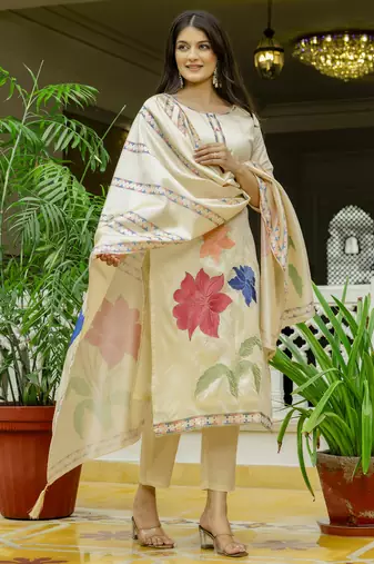 Women's cream viscose silk sequin & stone embroidered kurta pant set with printed silk dupatta