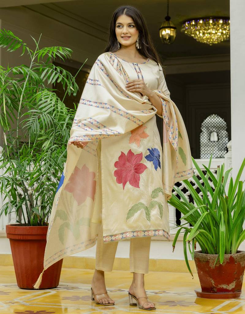 Women's cream viscose silk sequin & stone embroidered kurta pant set with printed silk dupatta