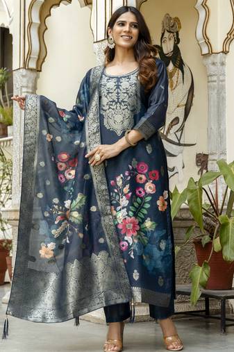 Women's navy blue chanderi cotton silk embroidered kurta pant set with jacquard dupatta