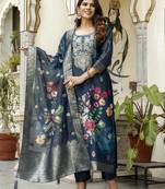 Women's navy blue chanderi cotton silk embroidered kurta pant set with jacquard dupatta
