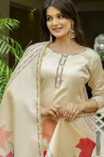 Women's cream viscose silk sequin & stone embroidered kurta pant set with printed silk dupatta