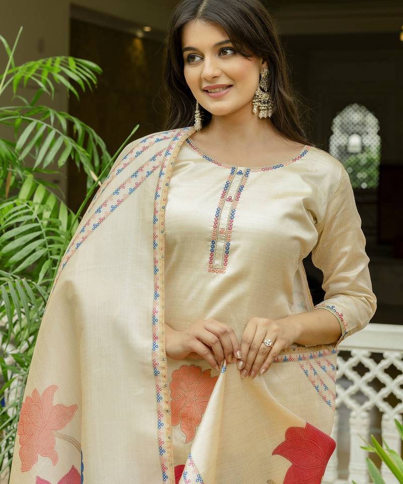 Women's cream viscose silk sequin & stone embroidered kurta pant set with printed silk dupatta