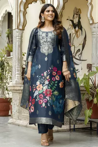 Women's navy blue chanderi cotton silk embroidered kurta pant set with jacquard dupatta