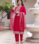 Women's pink viscose chanderi silk kurta pant set with organza dupatta