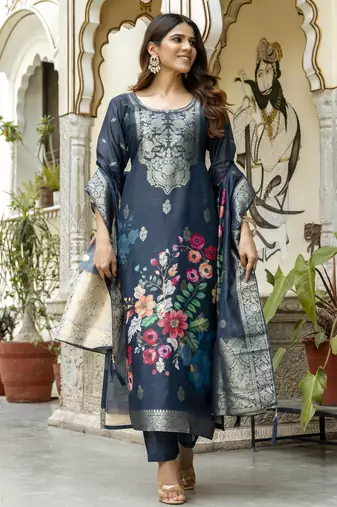 Women's navy blue chanderi cotton silk embroidered kurta pant set with jacquard dupatta