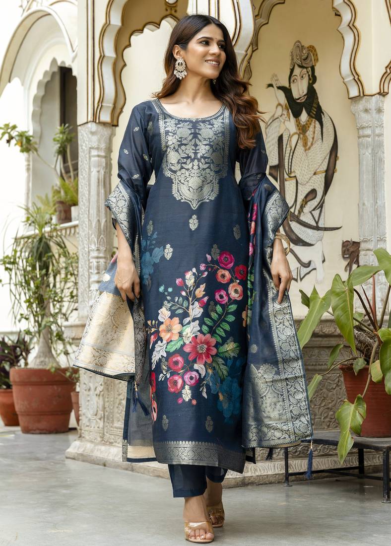 Women's navy blue chanderi cotton silk embroidered kurta pant set with jacquard dupatta