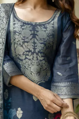 Women's navy blue chanderi cotton silk embroidered kurta pant set with jacquard dupatta