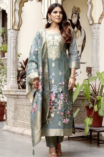 Women's grey chanderi cotton silk embroidered kurta pant set with jacquard chanderi dupatta