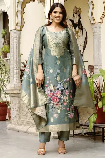 Women's grey chanderi cotton silk embroidered kurta pant set with jacquard chanderi dupatta