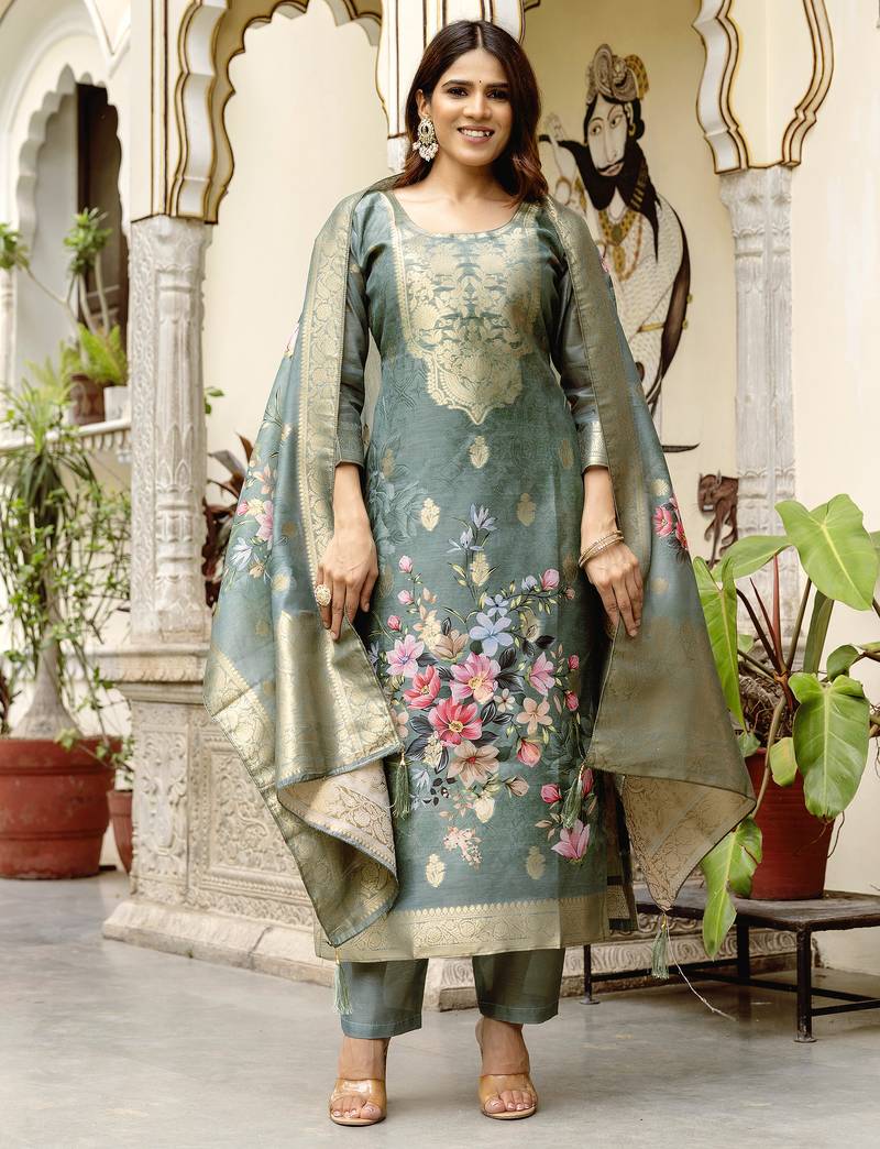 Women's grey chanderi cotton silk embroidered kurta pant set with jacquard chanderi dupatta