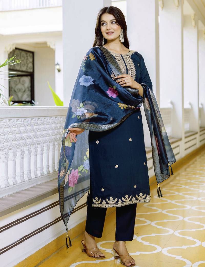 Women's navy blue viscose chanderi silk kurta pant set with organza dupatta