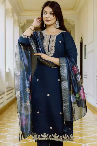 Women's navy blue viscose chanderi silk kurta pant set with organza dupatta