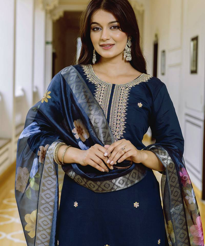 Women's navy blue viscose chanderi silk kurta pant set with organza dupatta