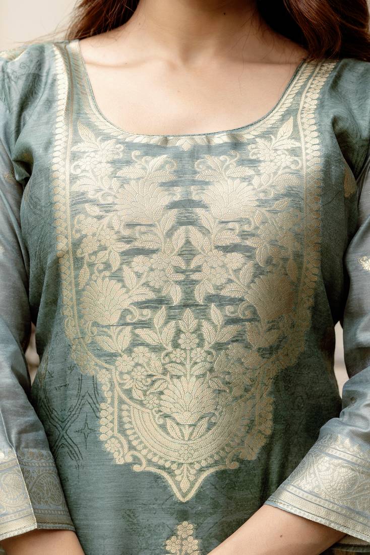 Women's grey chanderi cotton silk embroidered kurta pant set with jacquard chanderi dupatta