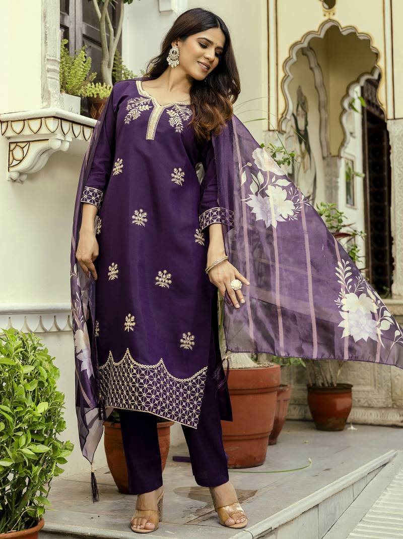 Women's wine viscose chanderi silk embroidered kurta pant set with jacquard organza dupatta