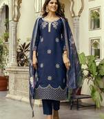 Women's navy blue viscose chanderi silk embroidered kurta pant set with jacquard organza dupatta
