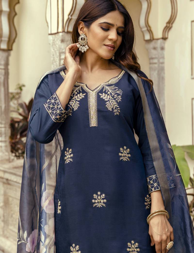 Women's navy blue viscose chanderi silk embroidered kurta pant set with jacquard organza dupatta