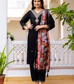 Women's black viscose chanderi silk embroidered kurta pant set with jacquard organza dupatta