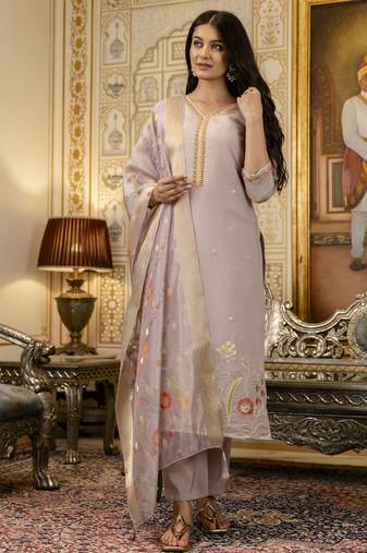 Women's lavender viscose silk embroidered kurta pant set with jacquard organza dupatta