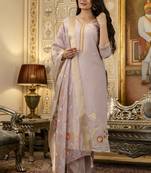 Women's lavender viscose silk embroidered kurta pant set with jacquard organza dupatta