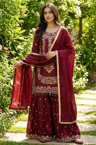Maron Color Gimmy Silk Embroidery Work Party wear palazzo Set