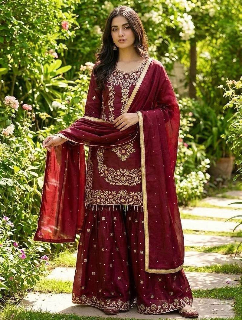 Maron Color Gimmy Silk Embroidery Work Party wear palazzo Set