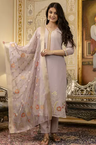Women's lavender viscose silk embroidered kurta pant set with jacquard organza dupatta