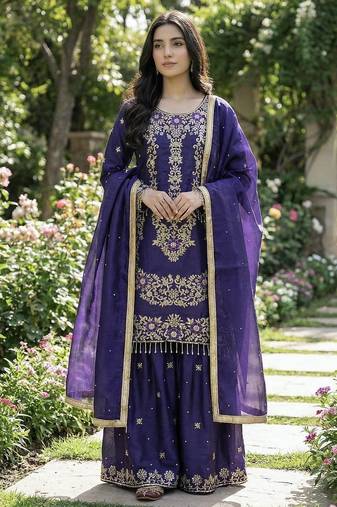 Purple Color Gimmy Silk Embroidery Work Party wear palazzo Set