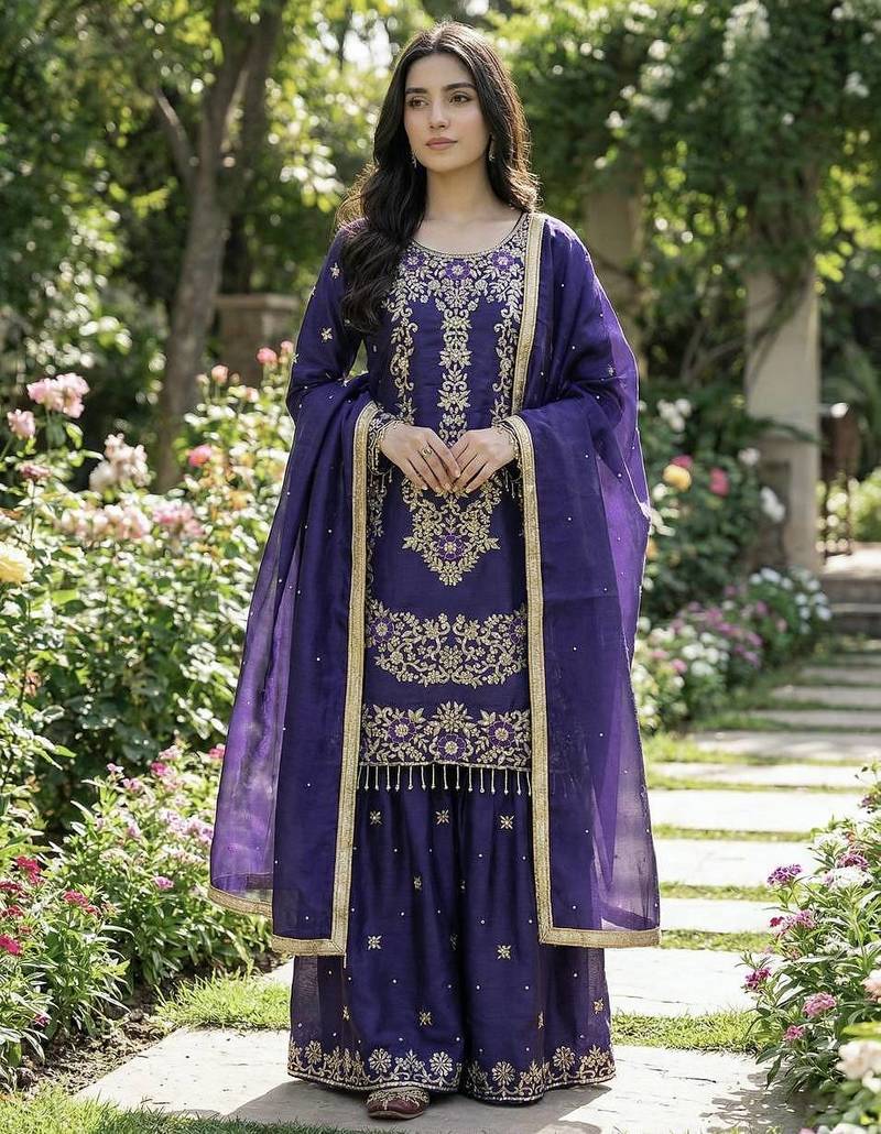 Purple Color Gimmy Silk Embroidery Work Party wear palazzo Set