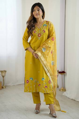 Women's yellow viscose silk sequin stone embroidered kurta pant set with organza dupatta