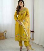 Women's yellow viscose silk sequin stone embroidered kurta pant set with organza dupatta