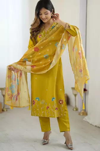 Women's yellow viscose silk sequin stone embroidered kurta pant set with organza dupatta