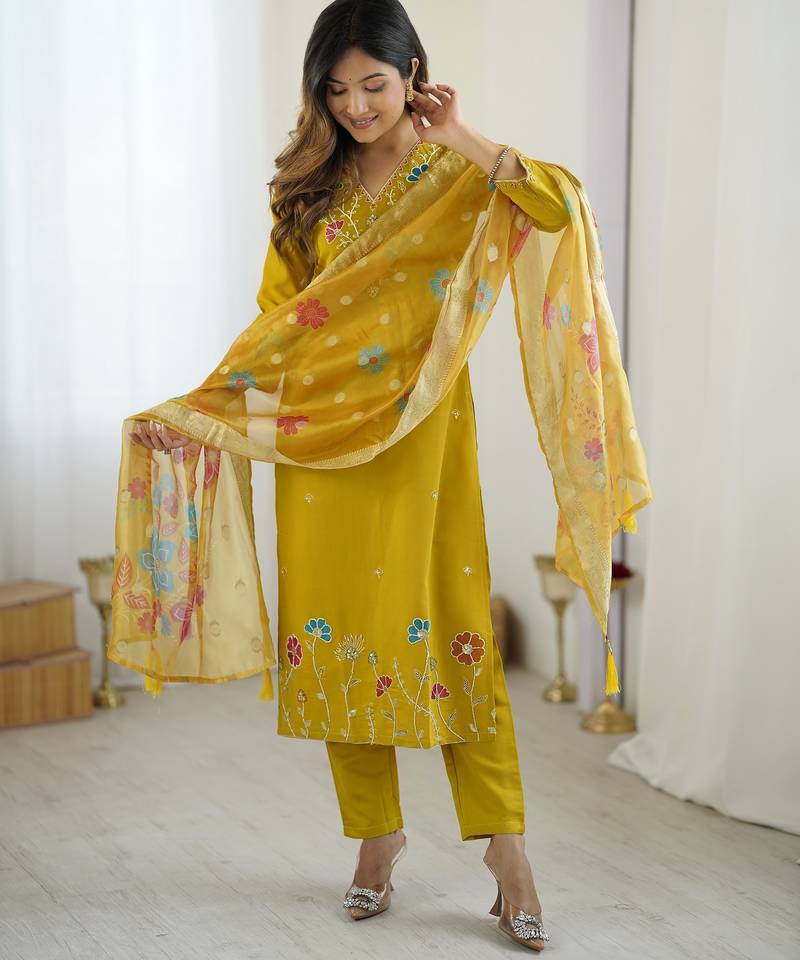 Women's yellow viscose silk sequin stone embroidered kurta pant set with organza dupatta