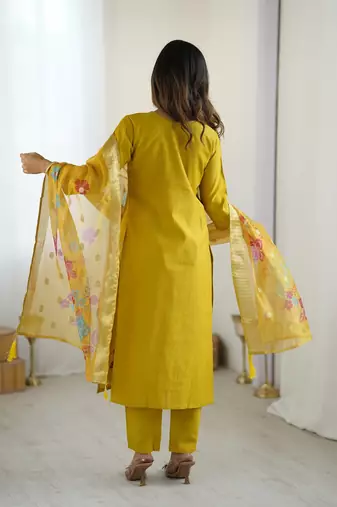 Women's yellow viscose silk sequin stone embroidered kurta pant set with organza dupatta
