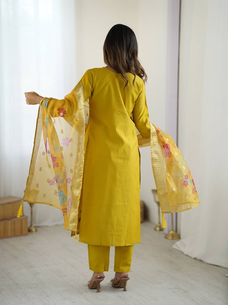 Women's yellow viscose silk sequin stone embroidered kurta pant set with organza dupatta