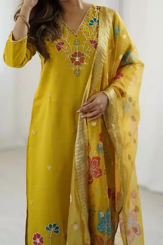Women's yellow viscose silk sequin stone embroidered kurta pant set with organza dupatta
