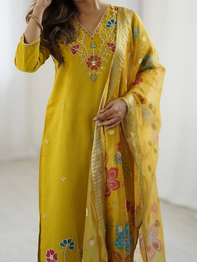 Women's yellow viscose silk sequin stone embroidered kurta pant set with organza dupatta